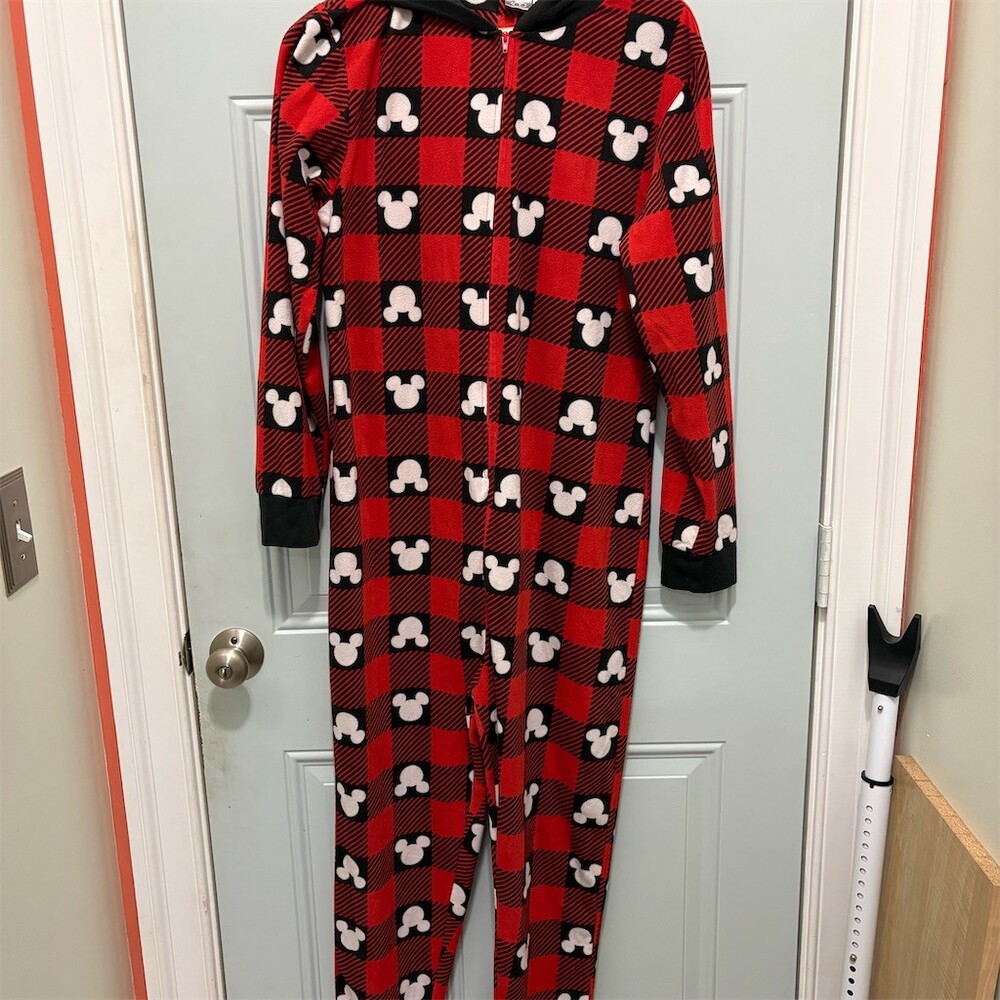 Disney 100 Mickey Mouse Hooded Fleece One Piece Pajamas Red Plaid S